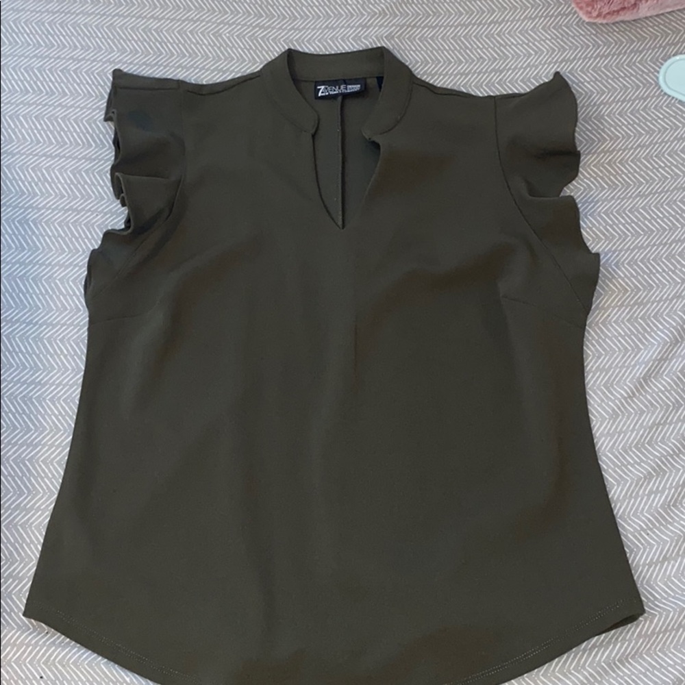 Army green ruffled blouse